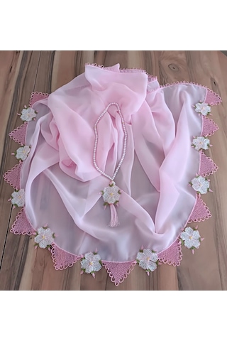 Toz Pembe İğne Oyası Namaz Örtüsü Ve Tesbih Takımı - Kır Çiçeği Motifli Çeyizlik Set Beyaz - Pembe