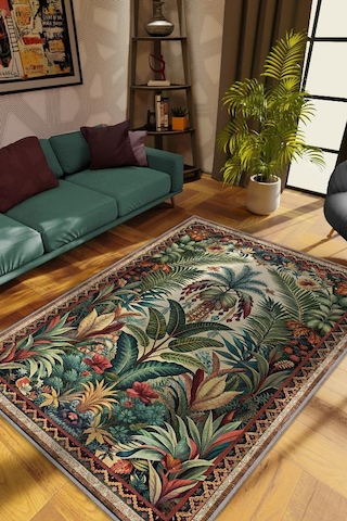 Homshtag Art Deco Botanik Orman Vintage Halı Görünümlü Dijital Baskı Yeşil Renk Rustik Çiçekli Halı Çok Renkli