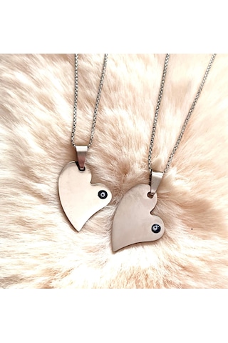 Gns Aksesuar Aşk Temalı Kalp Ve Nazarlık Detaylı Sevgili Çelik Kolye Seti Gümüş