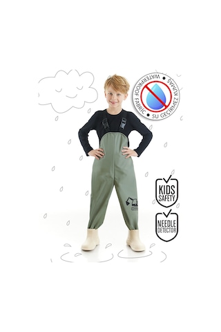 Denokids Erkek Çocuk İnşaat Araçları Desenli Haki Su Geçirmez Ayarlanabilir Askılı Yağmur Tulumu 3-8 Yaş