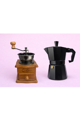 Kahve Değirmenive Moka Pot 9 Luk 2 Li Set Siyah