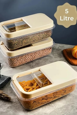 Thentech 5lt Sürgülü Kapaklı Mutfak Saklama Kabı Kuru Bakliyat Deterjan Saklama Kabı Sürgülü Kapak Ekru