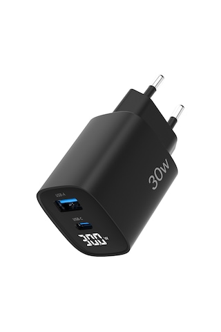 Juo 30W Gan Led Ekranlı Type-c + Usb-a Hızlı Şarj Cihazı Android & Apple Uyumlu iPhone Şarj Aleti