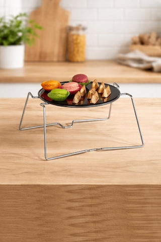 Parlak Silver Yuvarlak Sunumluk İkramlık Pasta Servis Standı Metal Ayaklı Siyah Pleksi Gümüş