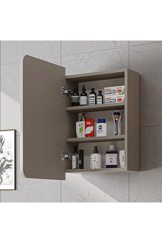 Likya Kulpsuz Tek Kapaklı Aynalı Mdflam 45 Cm Aynalı Banyo Üst Dolabı Kumtaşı