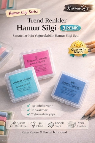 Hamur Silgi 3 Lü Set Yoğurulabilir Silgi, Kara Kalem&pastel İçin Profesyonel Silgi Trend Renkler
