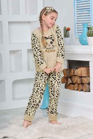 Kız Çocuk Leopar Desenli Göz Bantlı Peluş Polar Pijama Takımı Ekru