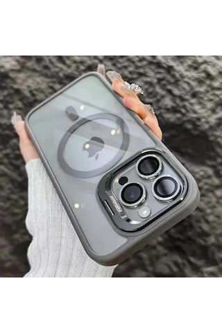İphone 16 Pro Max Uyumlu Kılıf Klon Stantlı + Lens Korumalı Magsafe Telefon Kılıfı Titanyum