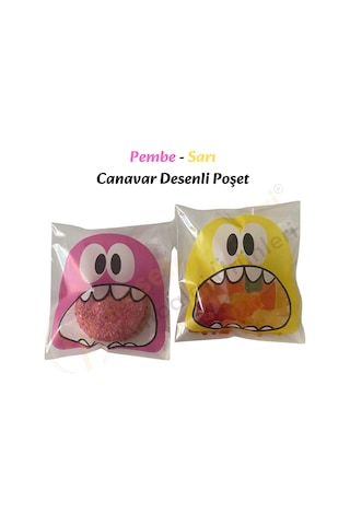 100 Adet Pembe-sarı Renkli Canavar Desenli Cake Pop & Kurabiye Poşeti-10x15 Cm