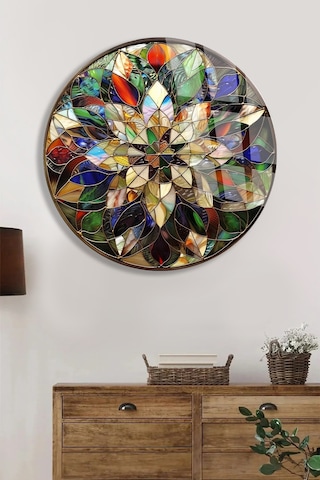 Vitray Çiçek Mandala Cam Tablo Modern Sanat Tablosu Canlı Renkli Baskı Ofis Ve Çalışma Odası Anlamlı Hediye Seçeneği Kolay Montaj Askılı