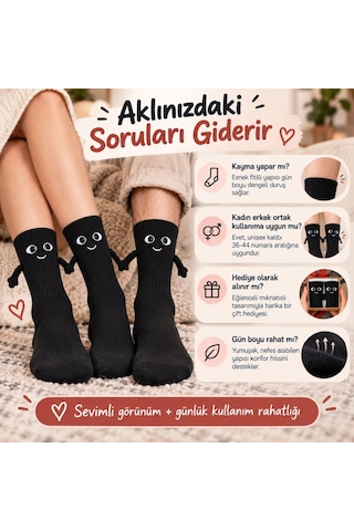 Womanandkids Wak Mıknatıslı El Ele 2'li Unisex Tutuşan Sevimli Çorap 36-44 Çift Hediyesi, Pamuklu Renkli Crew M Siyah