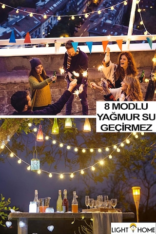 Güneş Enerjili Işıklar 50 Led 7 Metre Sarı Opak Küre 8 Modlu Parti Bahçe Yılbaşı Dekor Işıkları