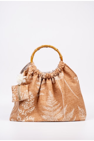 Fabric Craft Bag El Çantası Keten Kumaş Bambu Saplı Çiçek Desen Taba - Kahverengi