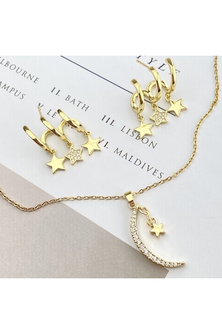 Ay Yıldızlı Kolye Küpe Seti Gold Renk Zirkon Taşlı Kadın Kolye Küpe Set 45cm Gold