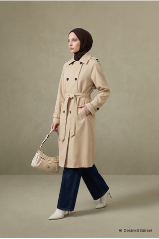 Armine Trend Klasik Yaka Belden Kuşaklı Çift Cepli 101 Cm Boy Koyu Trenckot Bej 26kt728 Koyu Bej