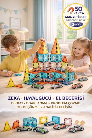 50 Parça Manyetik Blok Seti Eğitici Zeka Oyunu, 3d Yapı Oyuncak, 3+ Yaş