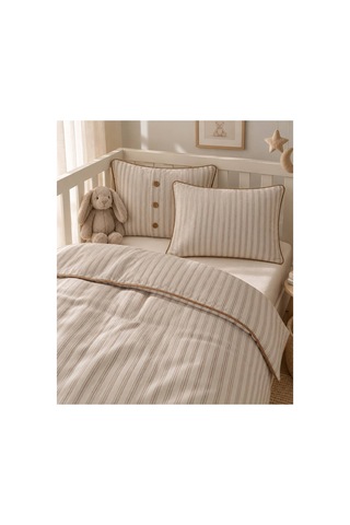 H&c 4 Parça Bebek Nevresim Takımı Krem Kahve Çizgili 100x150 CM Nevresim Çarşaf 2 Yastık Kılıfı