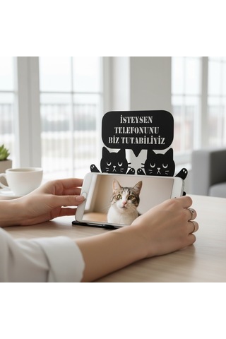 Metal Siyah Kedili Komik Tasarım Telefon Standı