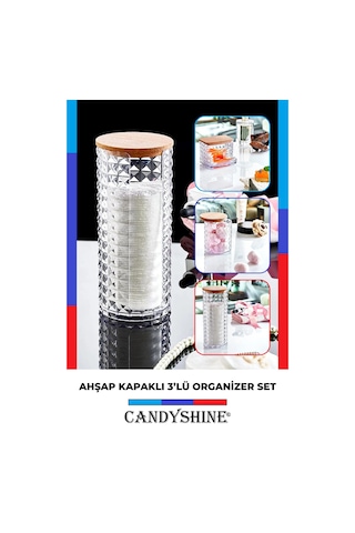 Ahşap Kapak 3'lü Organizer Set Modern Pamukluk Banyo Düzenleyici Şeffaf
