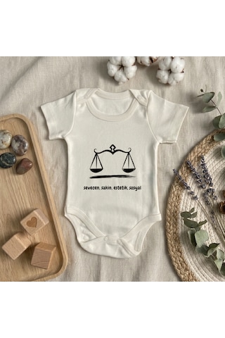 Babysena Terazi Burcu Baskılı Kız & Erkek Bebek Kısa Kollu Body Beyaz