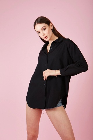 Meecy Kadın Siyah Arkası Düğmeli Oversize Poplin Gömlek Siyah SİYAH
