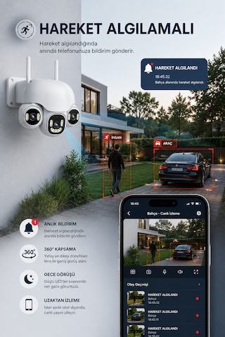 Wifi 3 Motorize Kameralı Adaptörlü Gece Görüşlü Hareket Takipli Güvenlik Kamerası