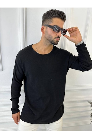 Kazak Oversize Örme Natural Pamuk Tüylenmeyen Kazak Salaş Tarz Triko Sweatshirt Siyah