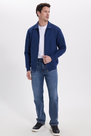 Tudors Unisex Relax Fit Rahat Kesim Pamuklu İç Polarlı Fermuarlı Lacivert Polo Yaka Flato Cepli Sweatshirt Hırka-42032 Lacivert
