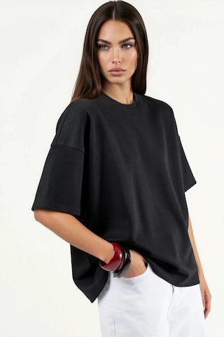 Hiccup Oversize Bisiklet Yaka Modal Touch Örme Tişört Siyah