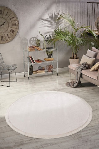 Vl Comfort Düz Saçaklı Peluş Halı Ekru Ekru Daire Düz Saçak
