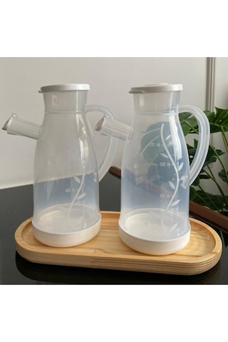 Bayev Ahşap Standlı 2'li 700 Ml Damlatmaz Özellikli Yağlık Seti