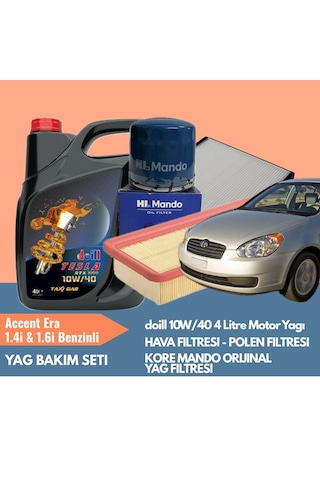 Accent Era 1.4i & 1.6i Periyodik Bakım Seti Doill 10w40 4l Motor Yağı Orijinal Kore Mando Yağ Filtresi Yerli Hava & Polen Filtresi Yağ Bakım Paketi