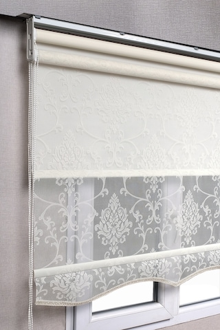 Çiftli Sistem Kırık Beyaz Damask Desenli Tül + Stor Güneşlik Perdeler