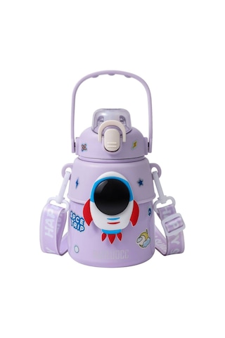 Lyon 850ml Astronot Karikatür Paslanmaz Çelik Taşınabilir Kayışlı Su Şişesi Çocuk Saman Izoleli Sumor Mor