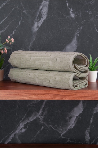 Tuğla Desenli 2li Ayak Havlusu - 50x70 Cm - Su Emici Banyo Paspası Seti - Yeşil Yeşil