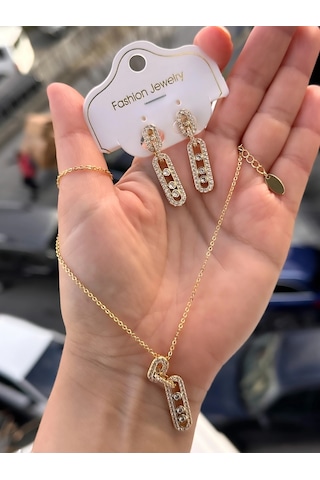 Sarı Çelik Kadın Küpe Ve Kolye Set Frjw10008a-b 2 Yıl Garantili Hediye Paketli