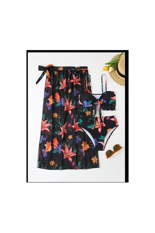 Nisanurtekstil Yüksek Bel Bohemia Mayo Set Üç Parça Çiçek Baskı Bikini Mayo Çok Renkli Çok Renkli