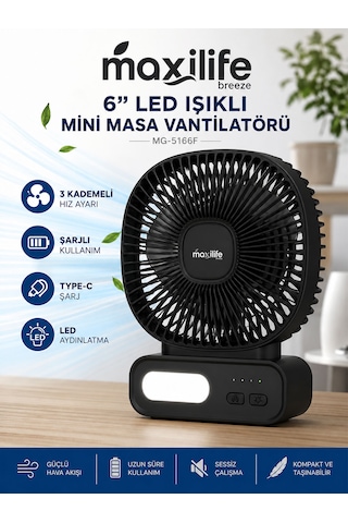 Breeze Mg-5166f 6 İnç Led Işıklı Şarjlı Mini Masa Vantilatörü 3 Kademeli Usb Type-c