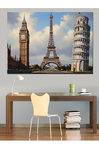 Ahşap Tablo Pisa Kulesi Eyfel Kulesi Ve Big Ben Kuleleri