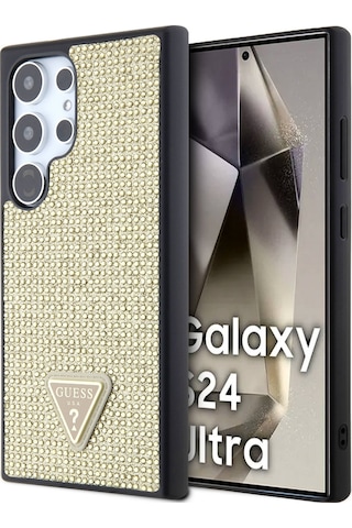 Galaxy S24 Ultra Uyumlu Kılıf Guess Lisanslı Taşlı Arka Yüzey Üçgen Logolu Kapak Pembe