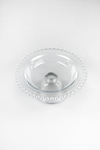 Ayaklı Şeffaf Mini Boncuk Kenarlı Cam Sunum Tabağı 16 Cm Küçük Boy