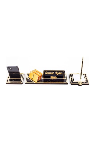 Star Gold Mermer Desen Kalemli Ahşap Masa İsimliği Hediye Masa Seti Ofis Masaüstü İsimlik Organizer