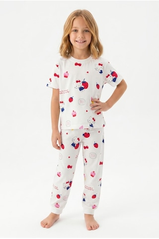 Bunny Hopp Kız Çocuk Pijama Takımı %100 Pamuk Kısa Kollu Yazlık Süprem Penye Beyaz
