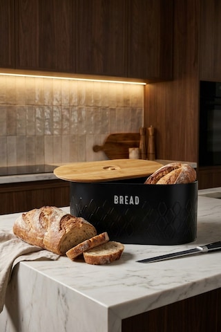 Makri Home Ekmeklik, Metal Ekmek Kutusu, Bambu Kapaklı Siyah Ekmek Sepeti, 34 X 19 X 16 Cm Siyah