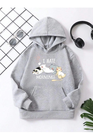 Moda Assema Çocuk Unisex Kapüşonlu Kedicik Baskılı Pamuklu Sweatshirt - Gri Çok Renkli