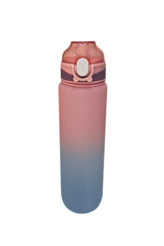 1000 Ml Plastik Motivasyon Matarası Pipetli, Kilitli Ve Taşıma Kulplu Açık Pembe - Mavi