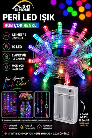 Kablolu Led Işık Zinciri Renkli Rgb Dekoratif Led Aydınlatma Oda Duvar Yatak Odası Parti Yılbaşı Süsü 1,5 Metre 10 Led Çok Renkli