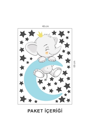 Artikel Ayda Uyuyan Sevimli Fil ve Yıldızlar Çocuk Odası Duvar Sticker 50 x 70 Cm