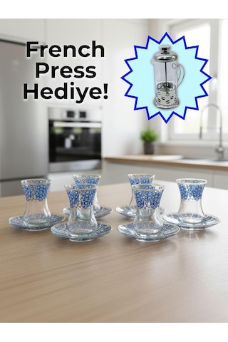 Topkapı 6 Kişilik Çay Seti, French Press Hediyeli, 9 Farklı Osmanlı Desenli Çay Bardağı Takımı 6, Topkapı Bon Diğer