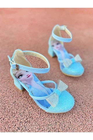 Nese Shoes Fiyonklu Simli Prenses Baskılı Kız Çocuk Topuklu Ayakkabı, Abiye Ayakkabı Mavi